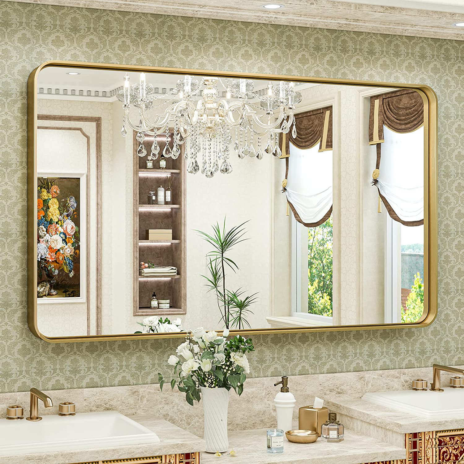 Bathroom Vanity Mirror with Brushed Gold Aluminum Frame – HD Tempered Glass Wall Mirror for Over Sink, Modern Design, Horizontal or Vertical Mount for Bathroom, Entryway, or Bedroom